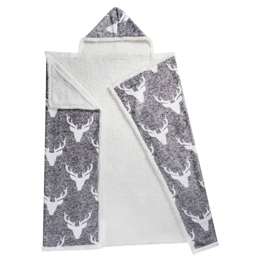 Wearable Blanket Hoodie | Heathered Grey Stag Print Sherpa Throw 48x65 | Cozy Winter Lodge Gift