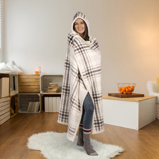 Wearable Blanket Hoodie | Grey Plaid Flannel w/ Sherpa Lining 48x65 | Cozy Chic Winter Throw