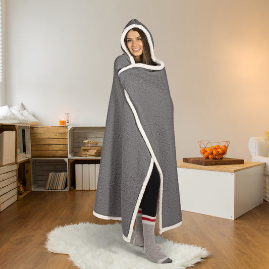 Oversized Wearable Blanket Hoodie | Charcoal Sherpa Fleece Throw 48x65 | Reversible & Super Soft