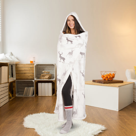 Wearable Blanket Hoodie | Deer Silhouette Flannel w/ Sherpa Lining 48x65 | Cozy Winter Lodge Throw