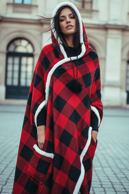 HOODZY Buffalo Plaid Wearable Blanket | Red & Black Sherpa Fleece w/ Hood, Pockets & Pom-Poms 51x71