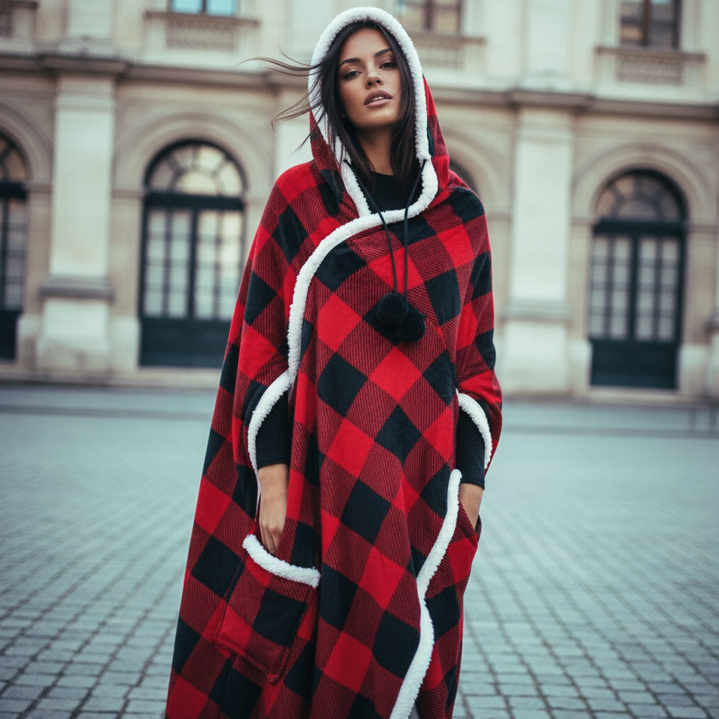 HOODZY Buffalo Plaid Wearable Blanket | Red & Black Sherpa Fleece w/ Hood, Pockets & Pom-Poms 51x71