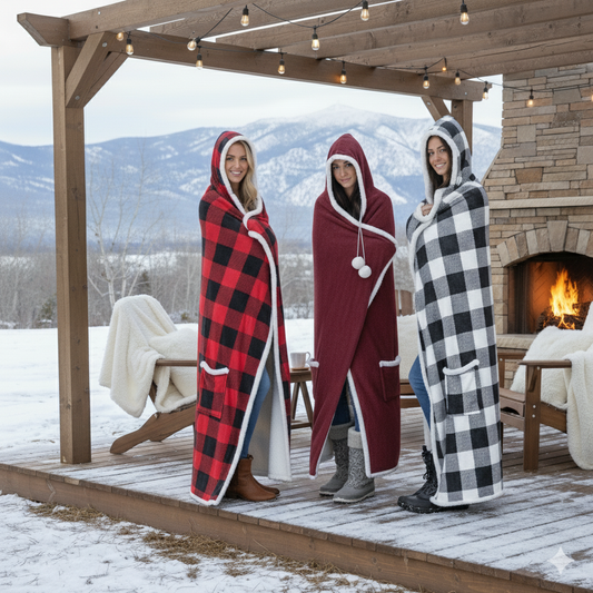 HOODZY Wearable Blanket | Black & White Buffalo Plaid Fleece w/ Sherpa Lining, Pockets & Hood 51x71