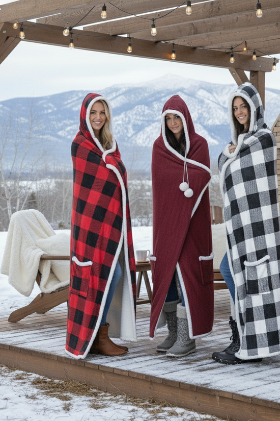 HOODZY Buffalo Plaid Wearable Blanket | Red & Black Sherpa Fleece w/ Hood, Pockets & Pom-Poms 51x71