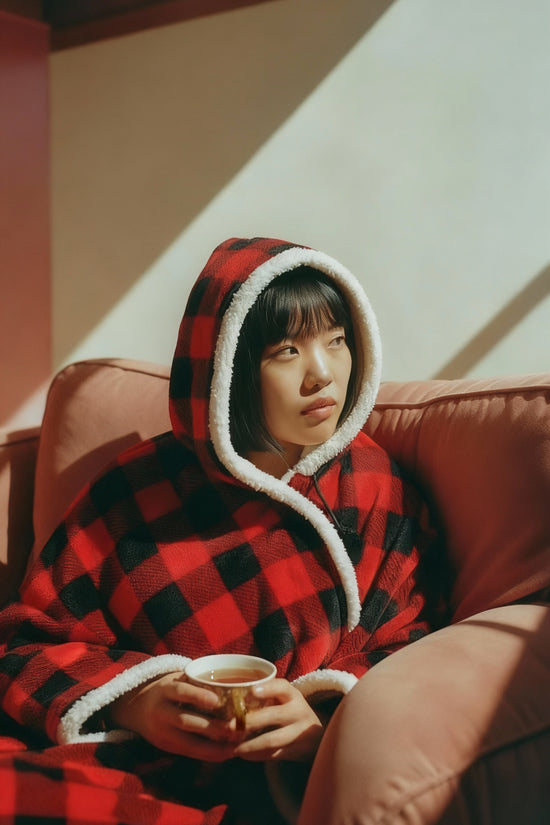 HOODZY Buffalo Plaid Wearable Blanket | Red & Black Sherpa Fleece w/ Hood, Pockets & Pom-Poms 51x71