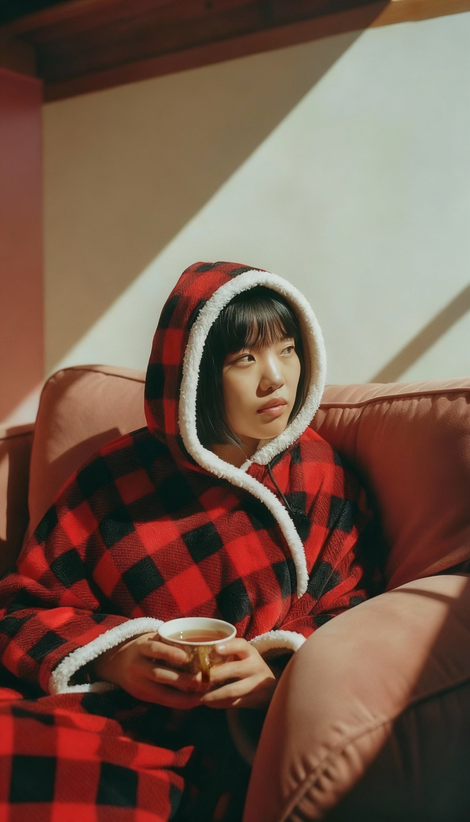 HOODZY Buffalo Plaid Wearable Blanket | Red & Black Sherpa Fleece w/ Hood, Pockets & Pom-Poms 51x71