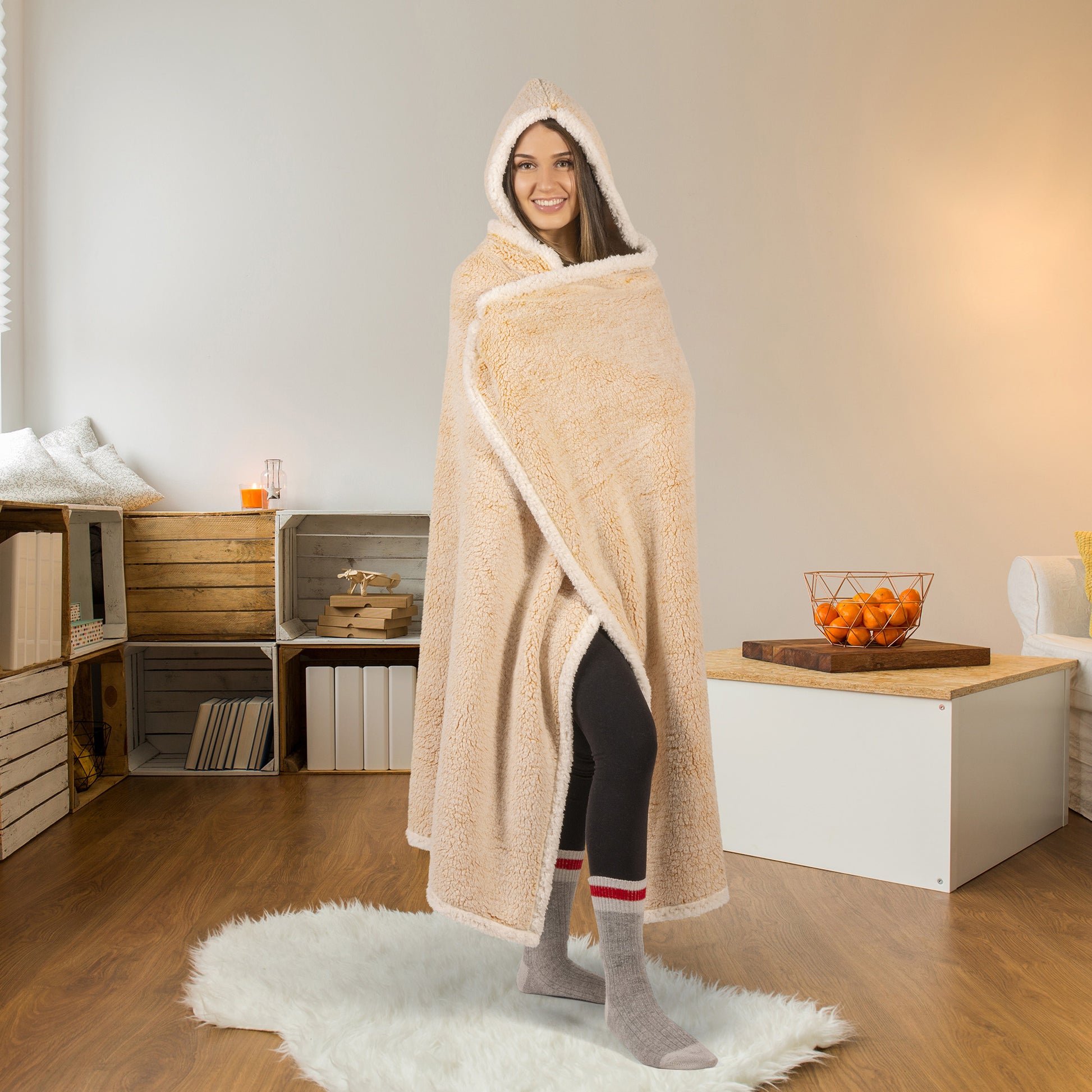Wearable Sherpa Blanket Hoodie | Mustard Frosted Fleece Throw for Adults, Oversized Hooded 48x65