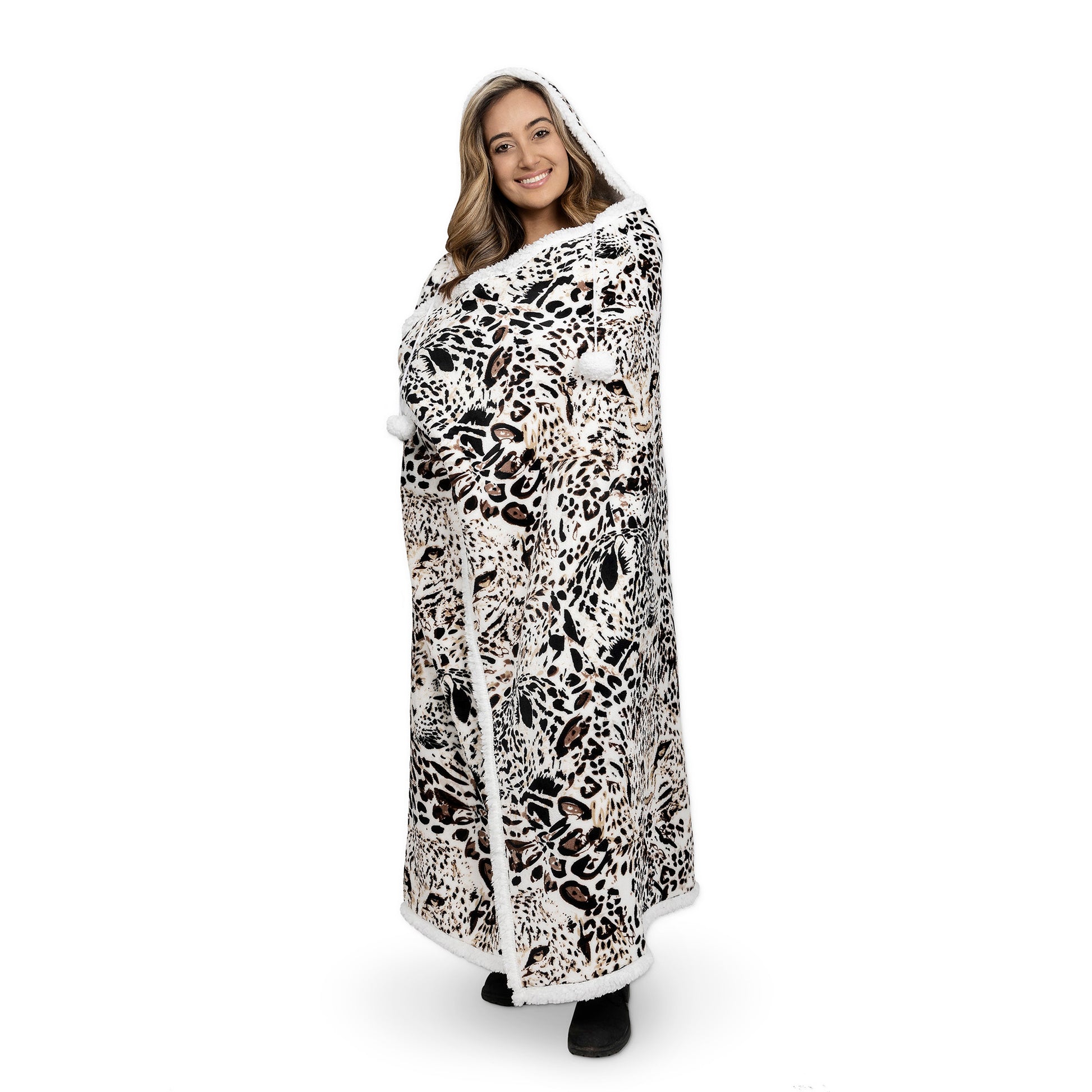 Oversized Hooded Blanket Sweatshirt | Leopard Print Super Soft Flannel w/ Sherpa Lining 48x65 Throw