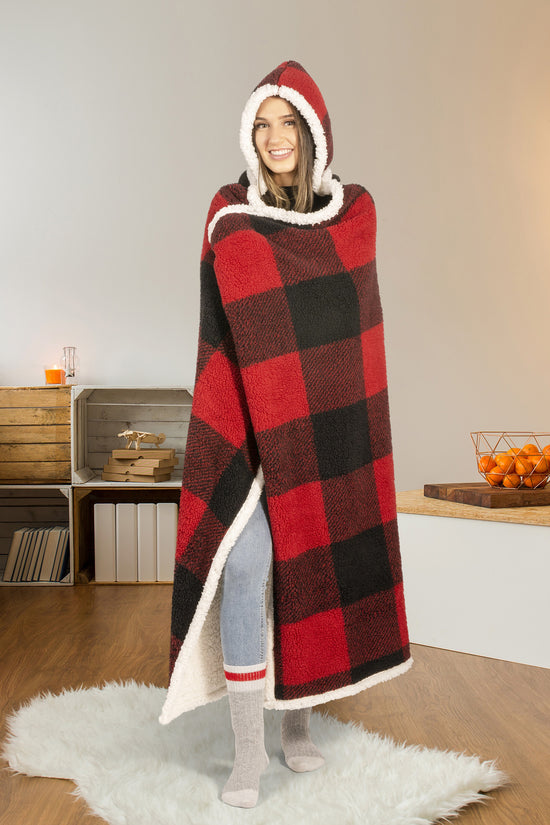 Buffalo Plaid Wearable Blanket Hoodie | Red & Black Sherpa Fleece 48x65 | Cozy Cabin Christmas Gift