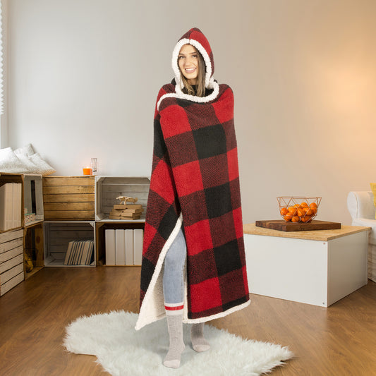 Buffalo Plaid Wearable Blanket Hoodie | Red & Black Sherpa Fleece 48x65 | Cozy Cabin Christmas Gift