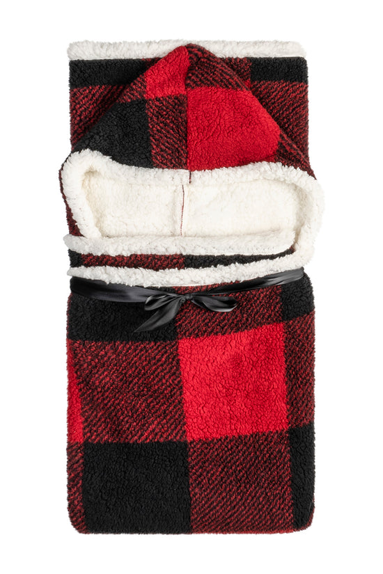 Buffalo Plaid Wearable Blanket Hoodie | Red & Black Sherpa Fleece 48x65 | Cozy Cabin Christmas Gift
