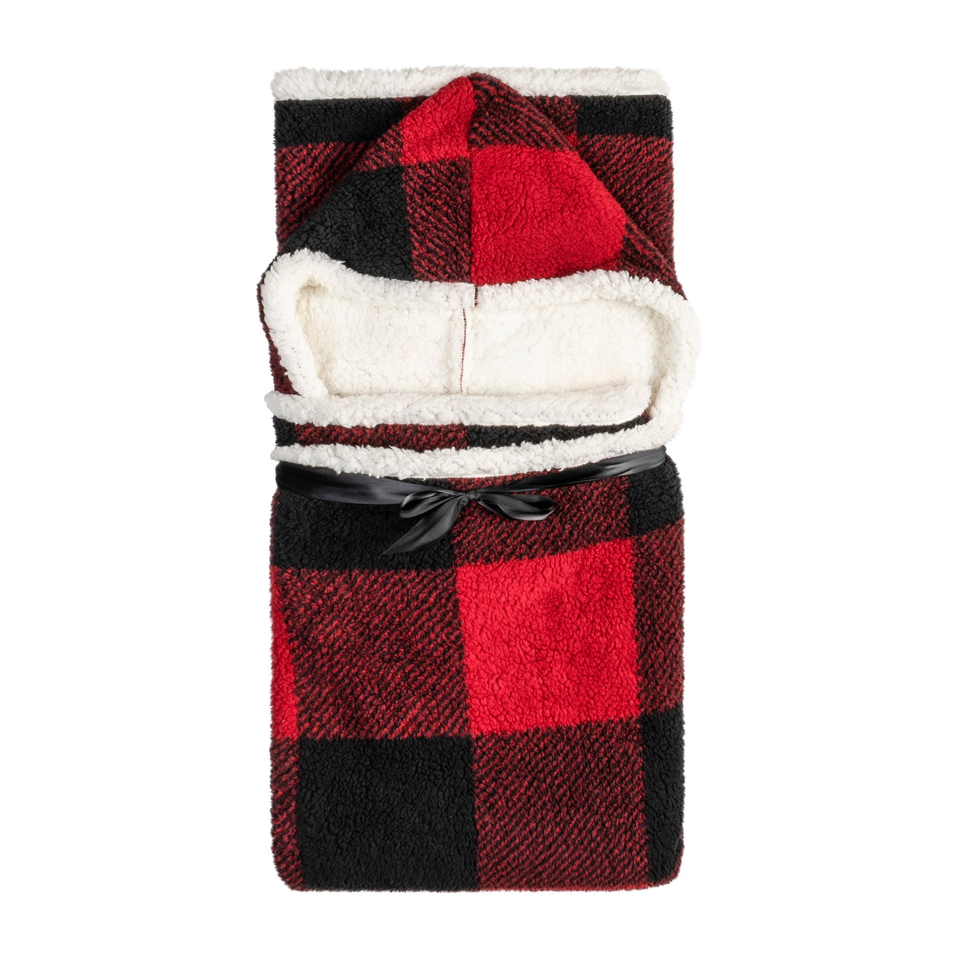 Buffalo Plaid Wearable Blanket Hoodie | Red & Black Sherpa Fleece 48x65 | Cozy Cabin Christmas Gift