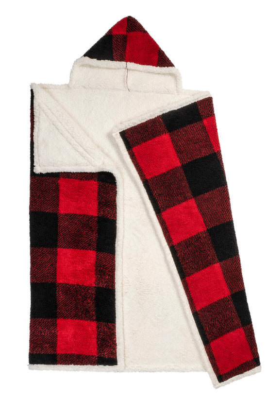 Buffalo Plaid Wearable Blanket Hoodie | Red & Black Sherpa Fleece 48x65 | Cozy Cabin Christmas Gift