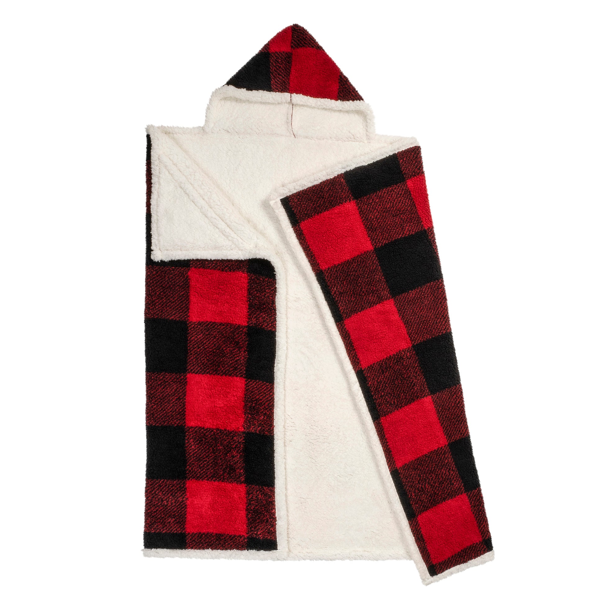 Buffalo Plaid Wearable Blanket Hoodie | Red & Black Sherpa Fleece 48x65 | Cozy Cabin Christmas Gift