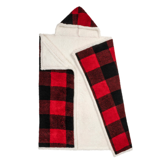 Buffalo Plaid Wearable Blanket Hoodie | Red & Black Sherpa Fleece 48x65 | Cozy Cabin Christmas Gift