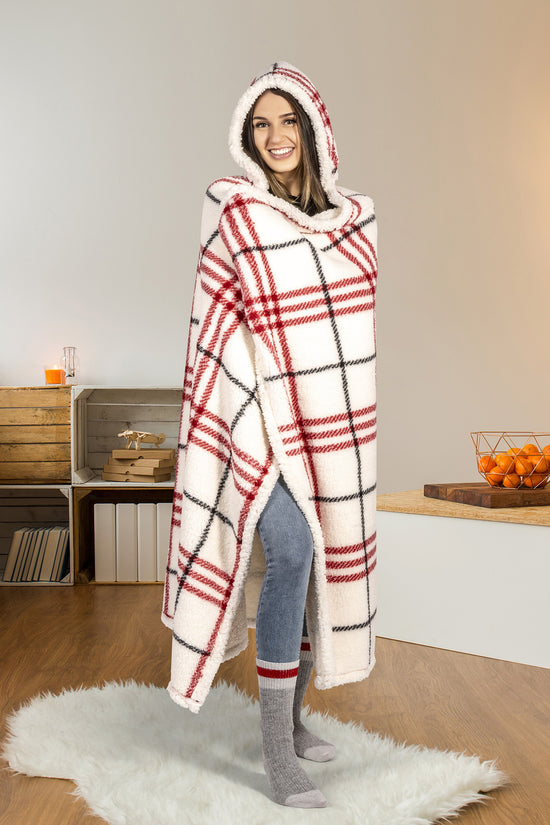 Wearable Blanket Hoodie | White Plaid Sherpa Throw w/ Hood 48x65 | Red & Black Holiday Gift
