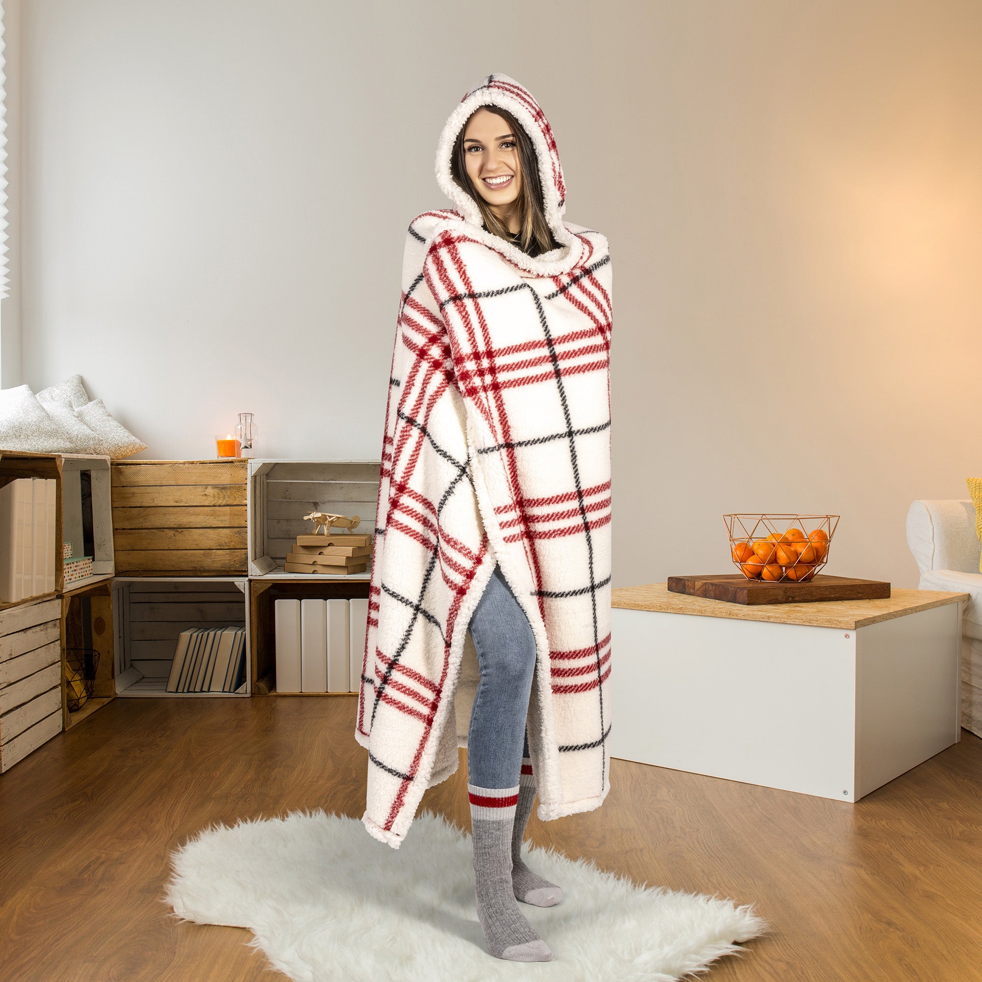Wearable Blanket Hoodie | White Plaid Sherpa Throw w/ Hood 48x65 | Red & Black Holiday Gift