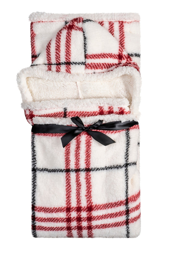 Wearable Blanket Hoodie | White Plaid Sherpa Throw w/ Hood 48x65 | Red & Black Holiday Gift