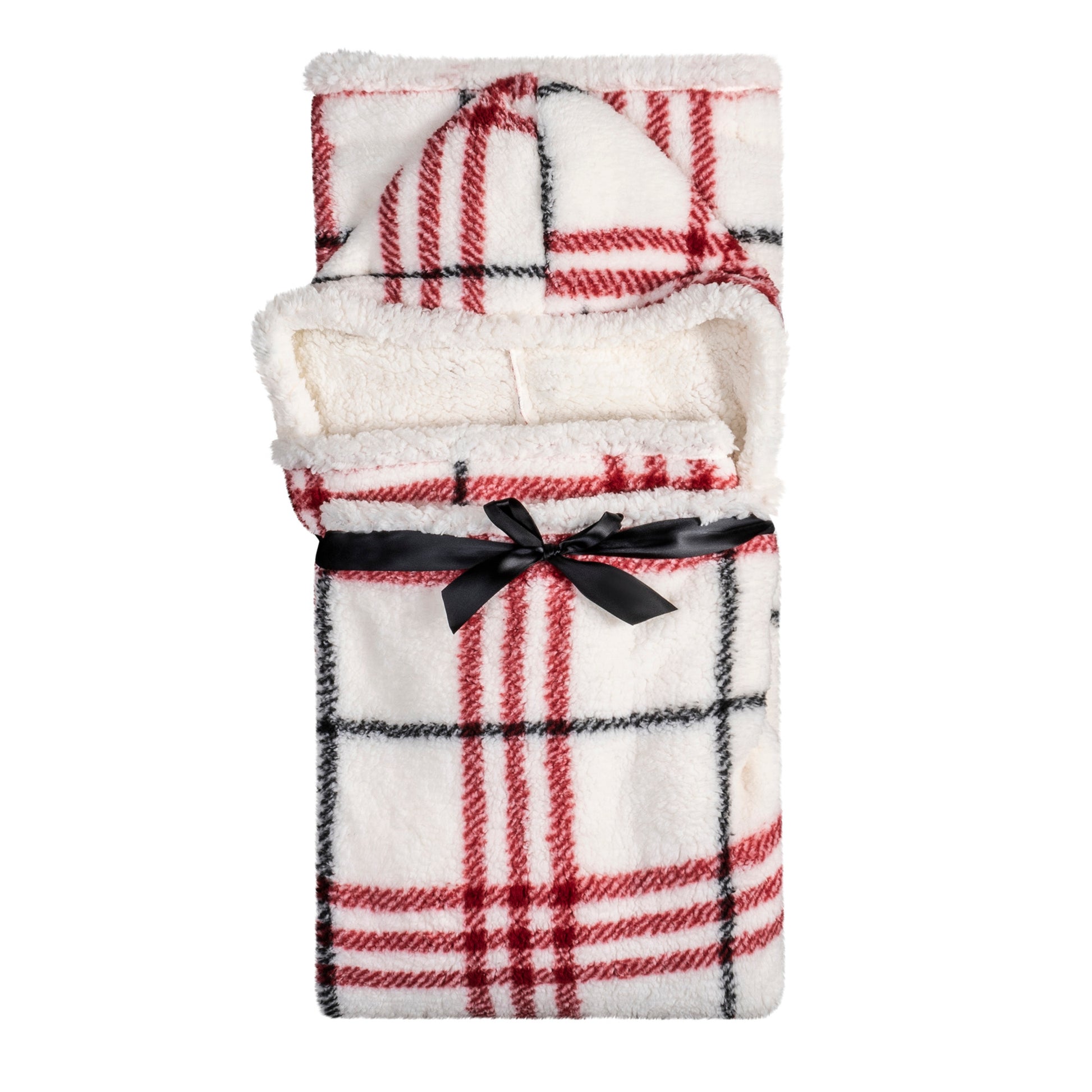 Wearable Blanket Hoodie | White Plaid Sherpa Throw w/ Hood 48x65 | Red & Black Holiday Gift
