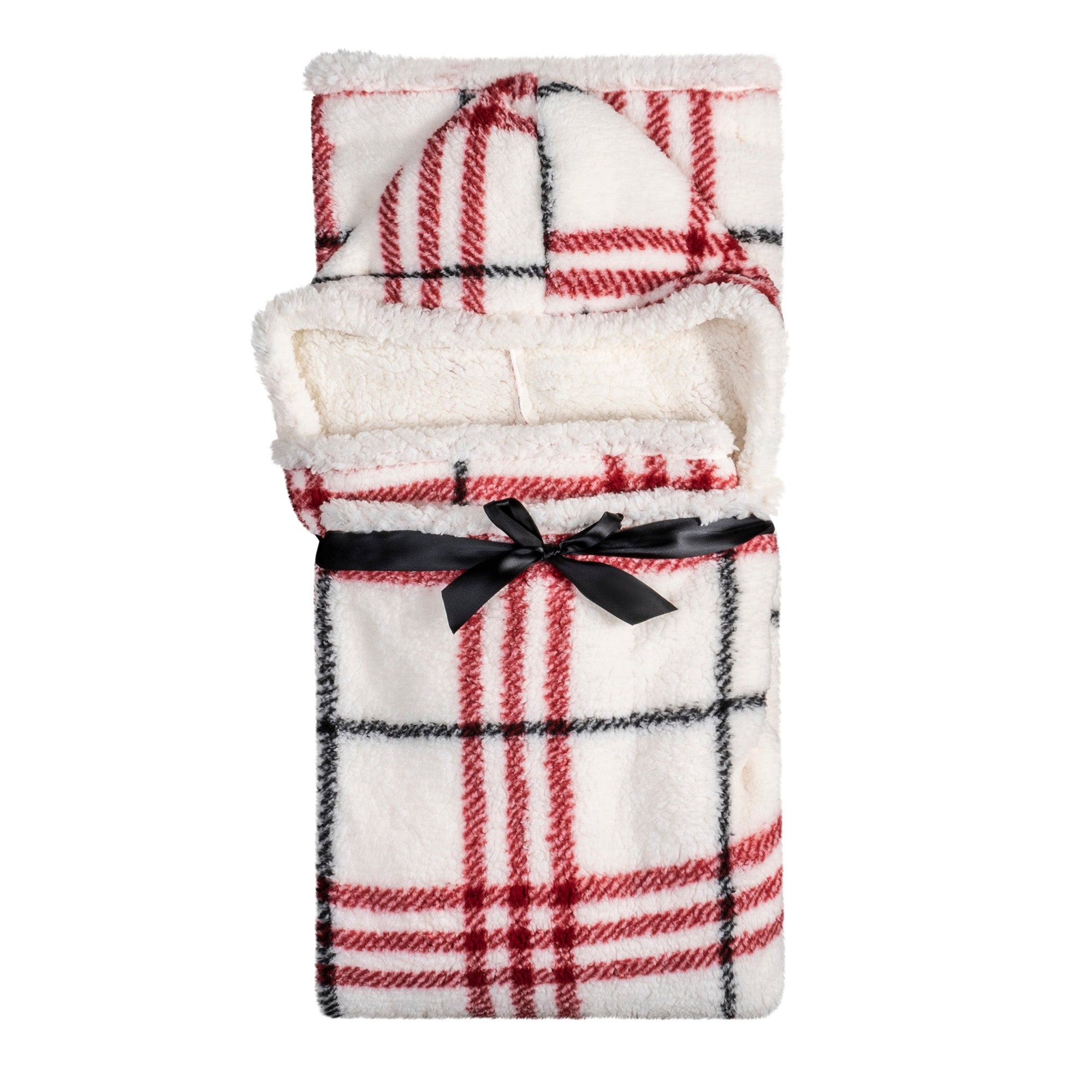Wearable Blanket Hoodie | White Plaid Sherpa Throw w/ Hood 48x65 | Red & Black Holiday Gift