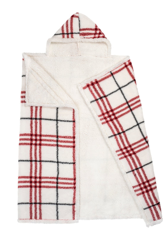 Wearable Blanket Hoodie | White Plaid Sherpa Throw w/ Hood 48x65 | Red & Black Holiday Gift