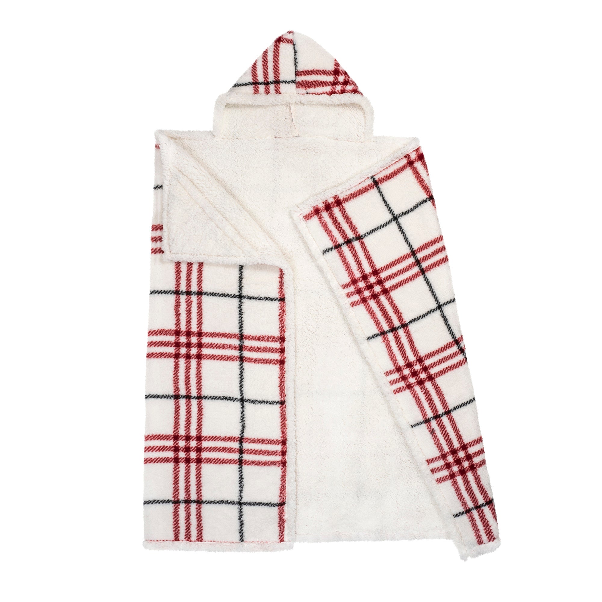 Wearable Blanket Hoodie | White Plaid Sherpa Throw w/ Hood 48x65 | Red & Black Holiday Gift