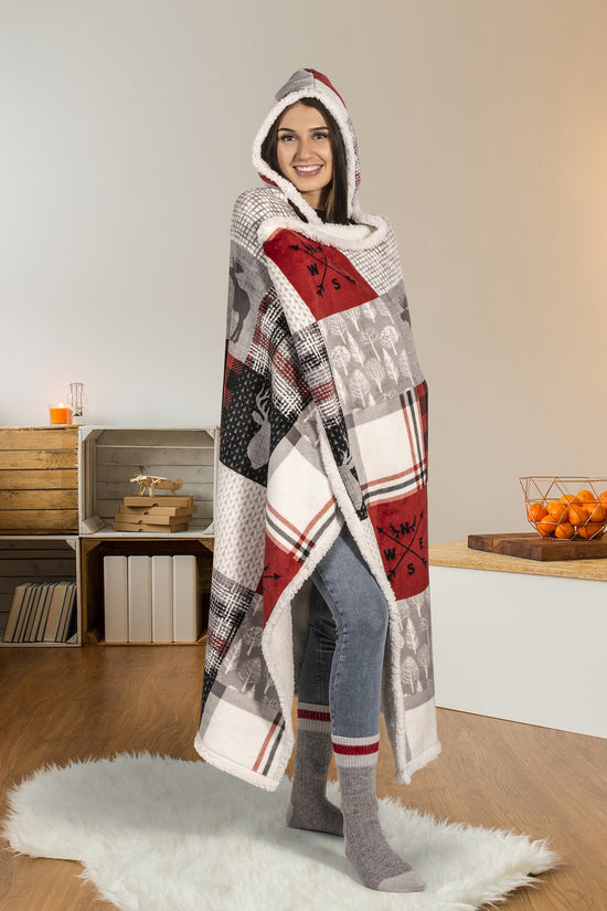 Oversized Flannel & Sherpa Hooded Throw Blanket (48