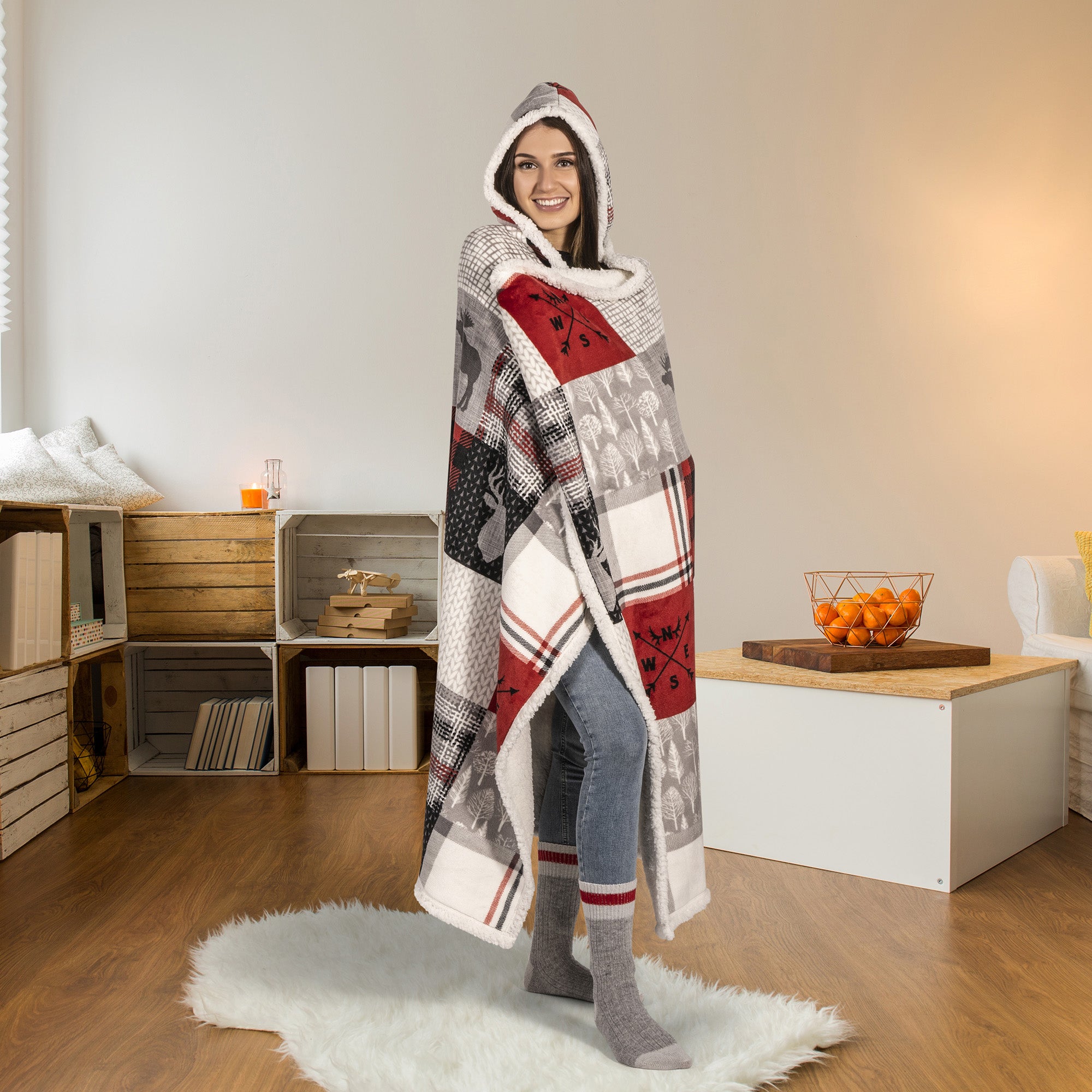 Oversized Flannel & Sherpa Hooded Throw Blanket (48"x65") | Forest Patchwork Wearable Cozy Blanket with Kangaroo Pocket