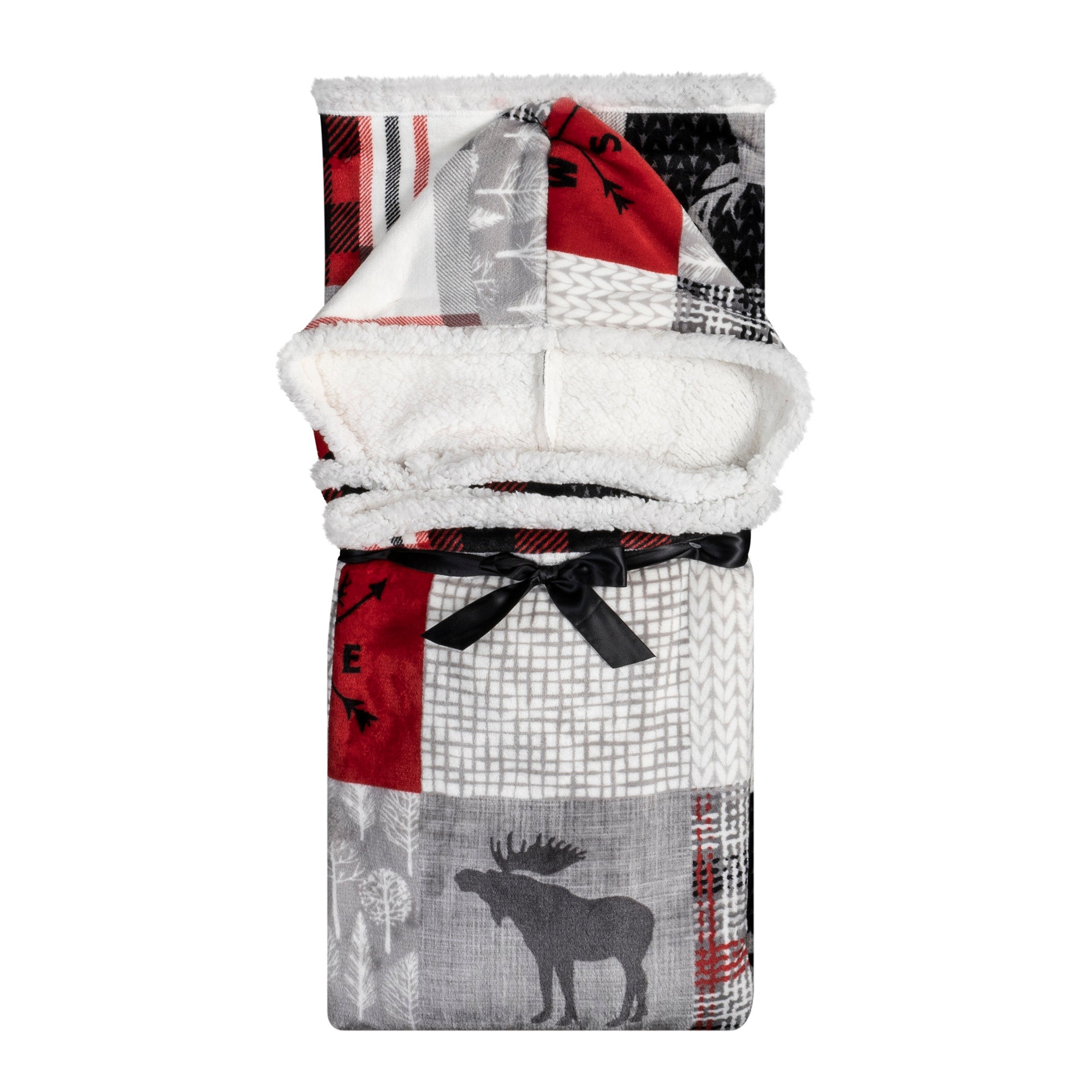 Oversized Flannel & Sherpa Hooded Throw Blanket (48"x65") | Forest Patchwork Wearable Cozy Blanket with Kangaroo Pocket