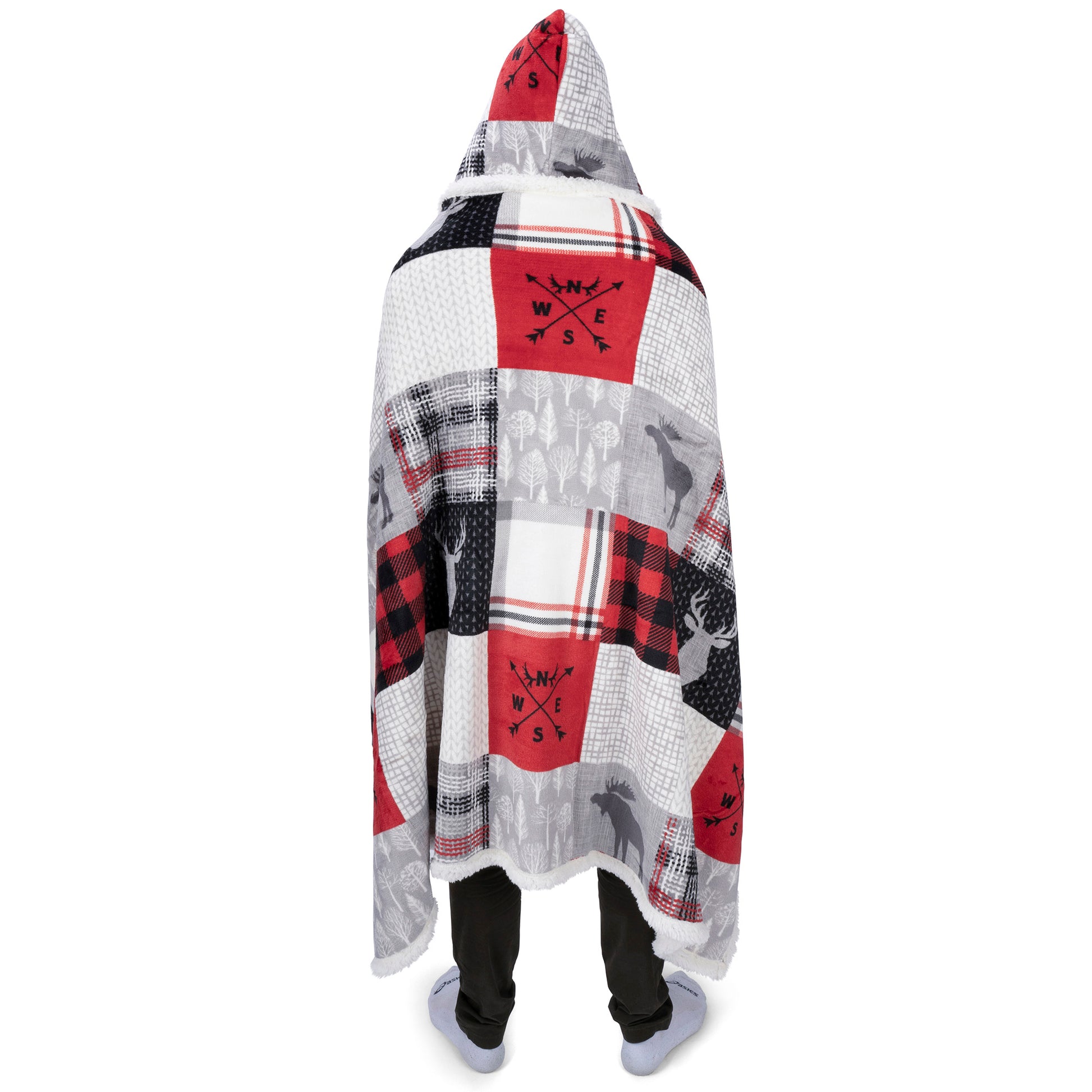 Oversized Flannel & Sherpa Hooded Throw Blanket (48"x65") | Forest Patchwork Wearable Cozy Blanket with Kangaroo Pocket