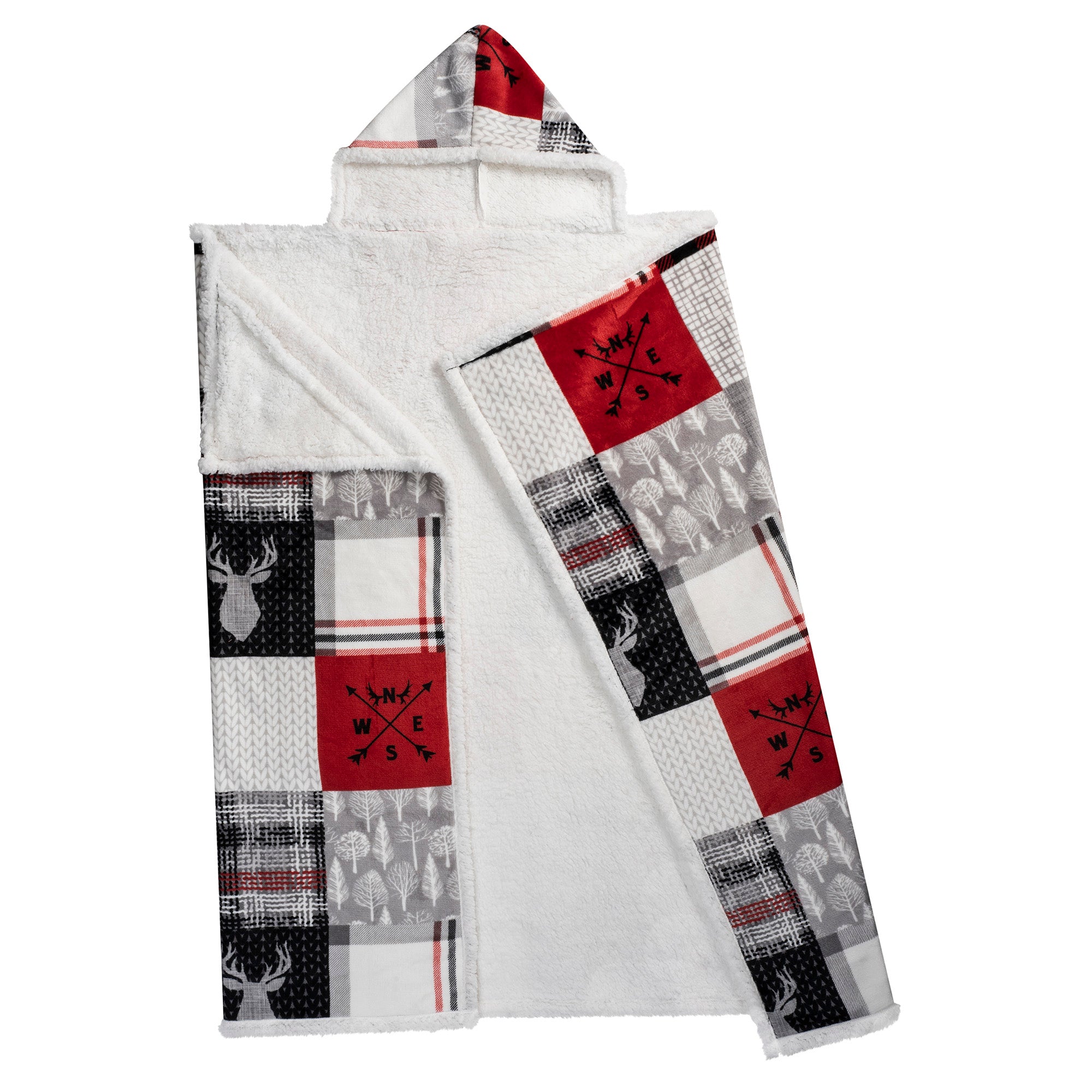 Oversized Flannel & Sherpa Hooded Throw Blanket (48"x65") | Forest Patchwork Wearable Cozy Blanket with Kangaroo Pocket