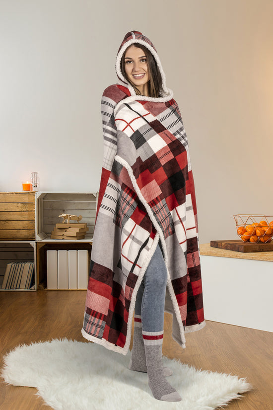 Wearable Blanket Hoodie | Red Patchwork Plaid Flannel w/ Sherpa Lining 48x65 | Farmhouse Cozy Gift
