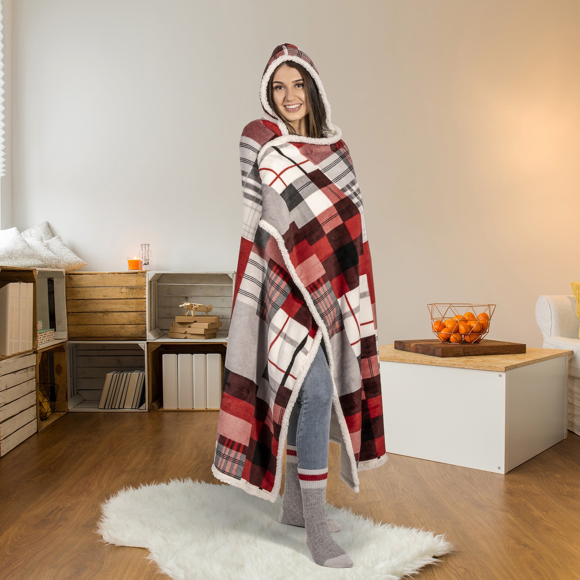 Wearable Blanket Hoodie | Red Patchwork Plaid Flannel w/ Sherpa Lining 48x65 | Farmhouse Cozy Gift