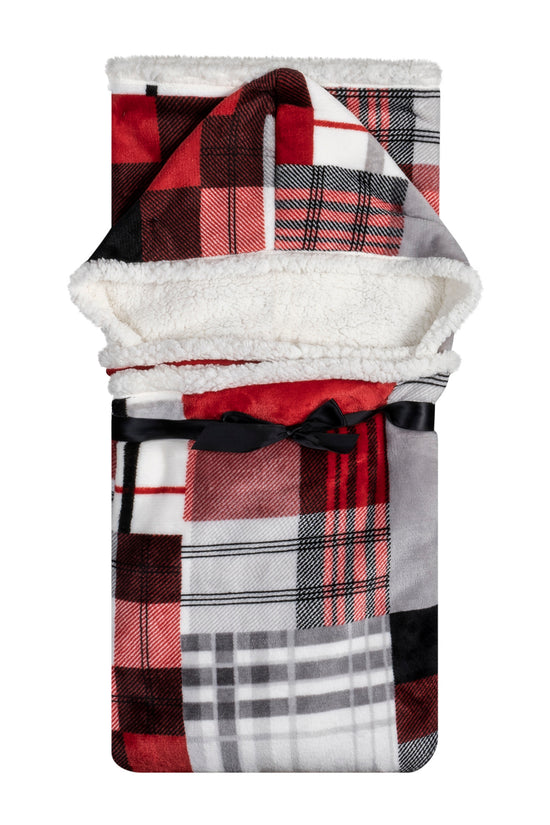 Wearable Blanket Hoodie | Red Patchwork Plaid Flannel w/ Sherpa Lining 48x65 | Farmhouse Cozy Gift