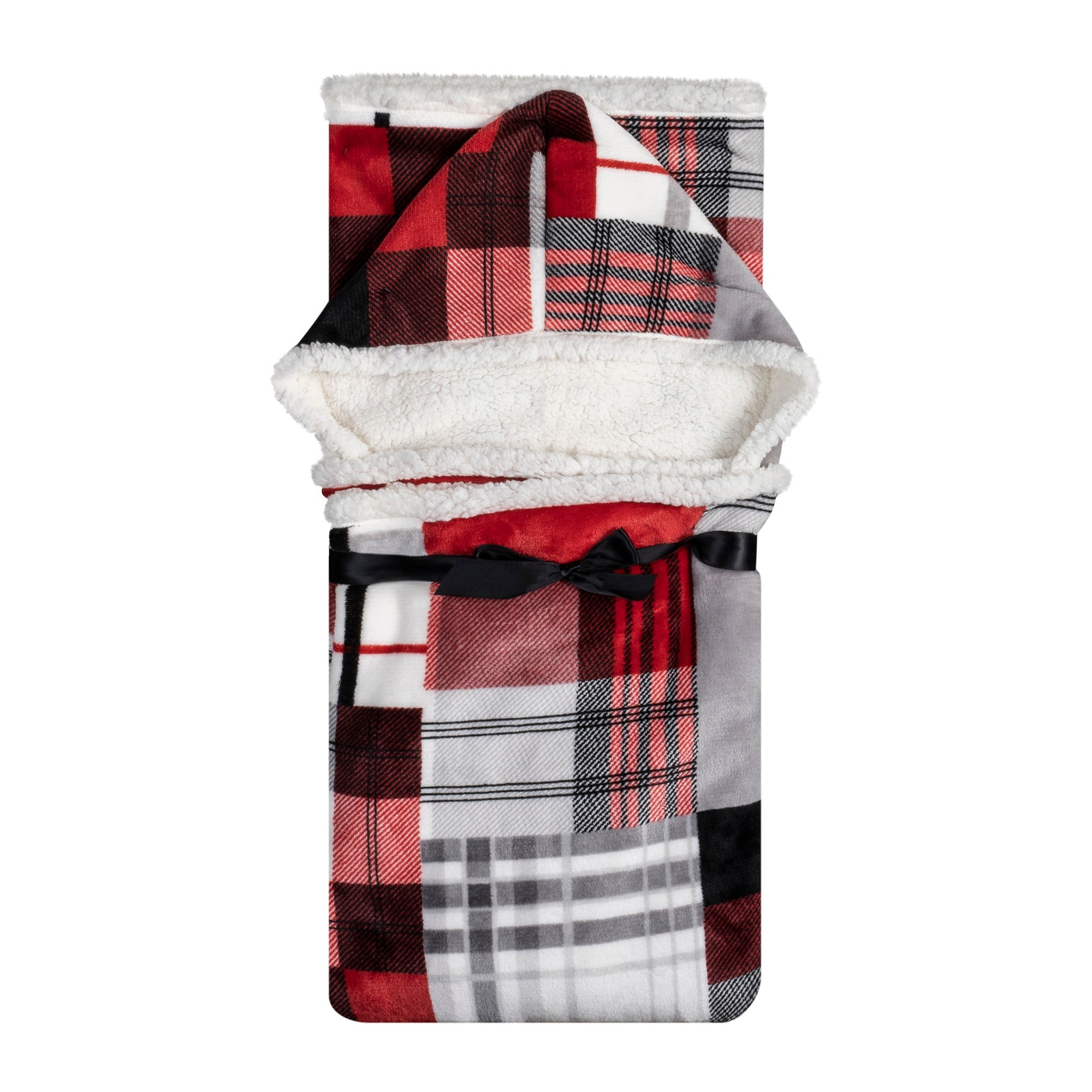 Wearable Blanket Hoodie | Red Patchwork Plaid Flannel w/ Sherpa Lining 48x65 | Farmhouse Cozy Gift