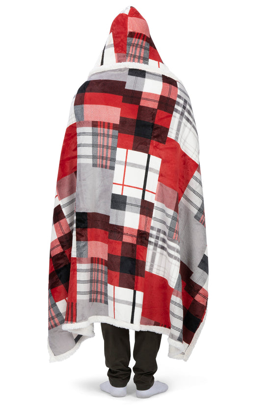 Wearable Blanket Hoodie | Red Patchwork Plaid Flannel w/ Sherpa Lining 48x65 | Farmhouse Cozy Gift