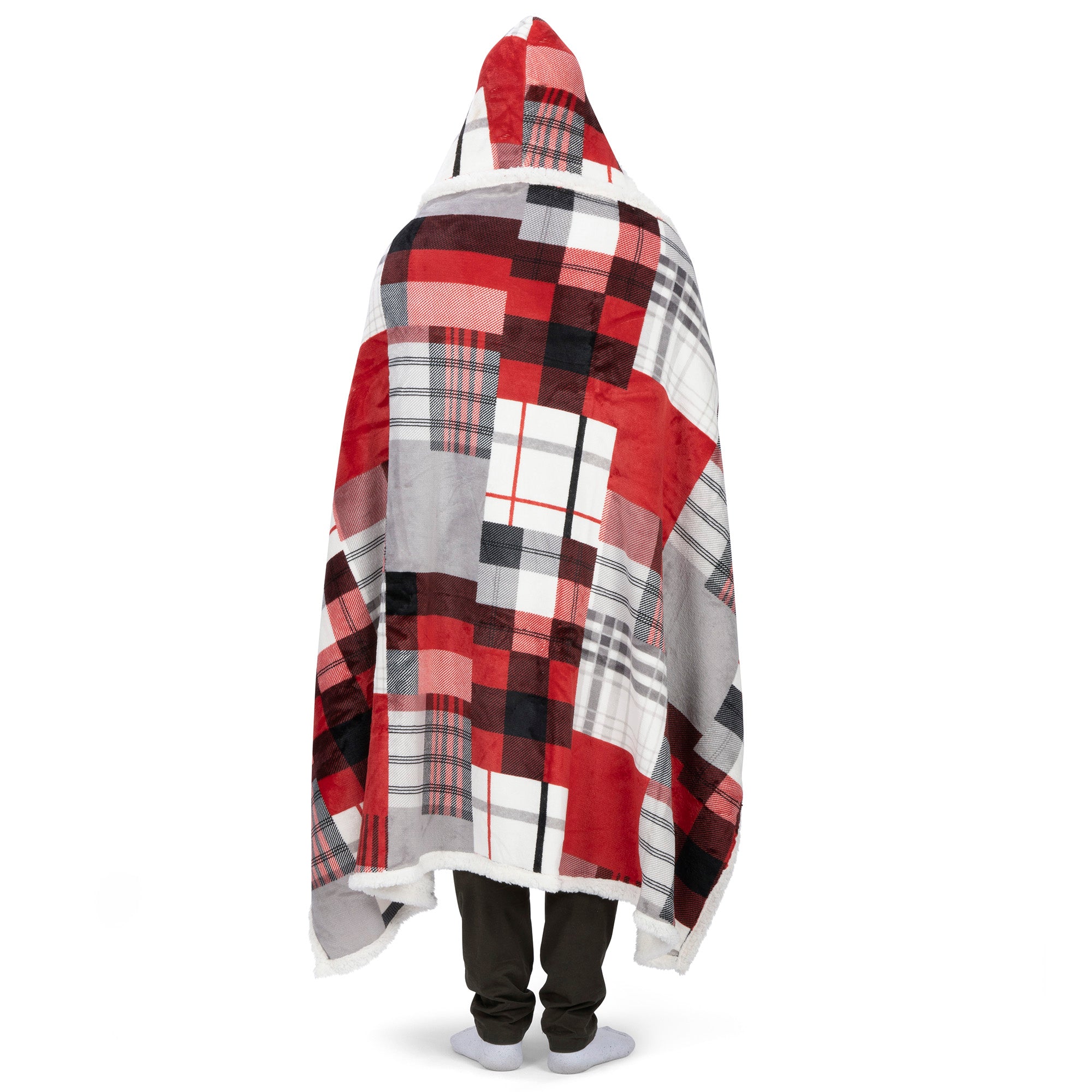 Wearable Blanket Hoodie | Red Patchwork Plaid Flannel w/ Sherpa Lining 48x65 | Farmhouse Cozy Gift