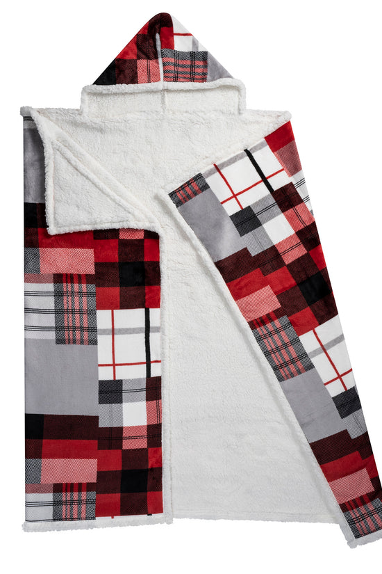 Wearable Blanket Hoodie | Red Patchwork Plaid Flannel w/ Sherpa Lining 48x65 | Farmhouse Cozy Gift