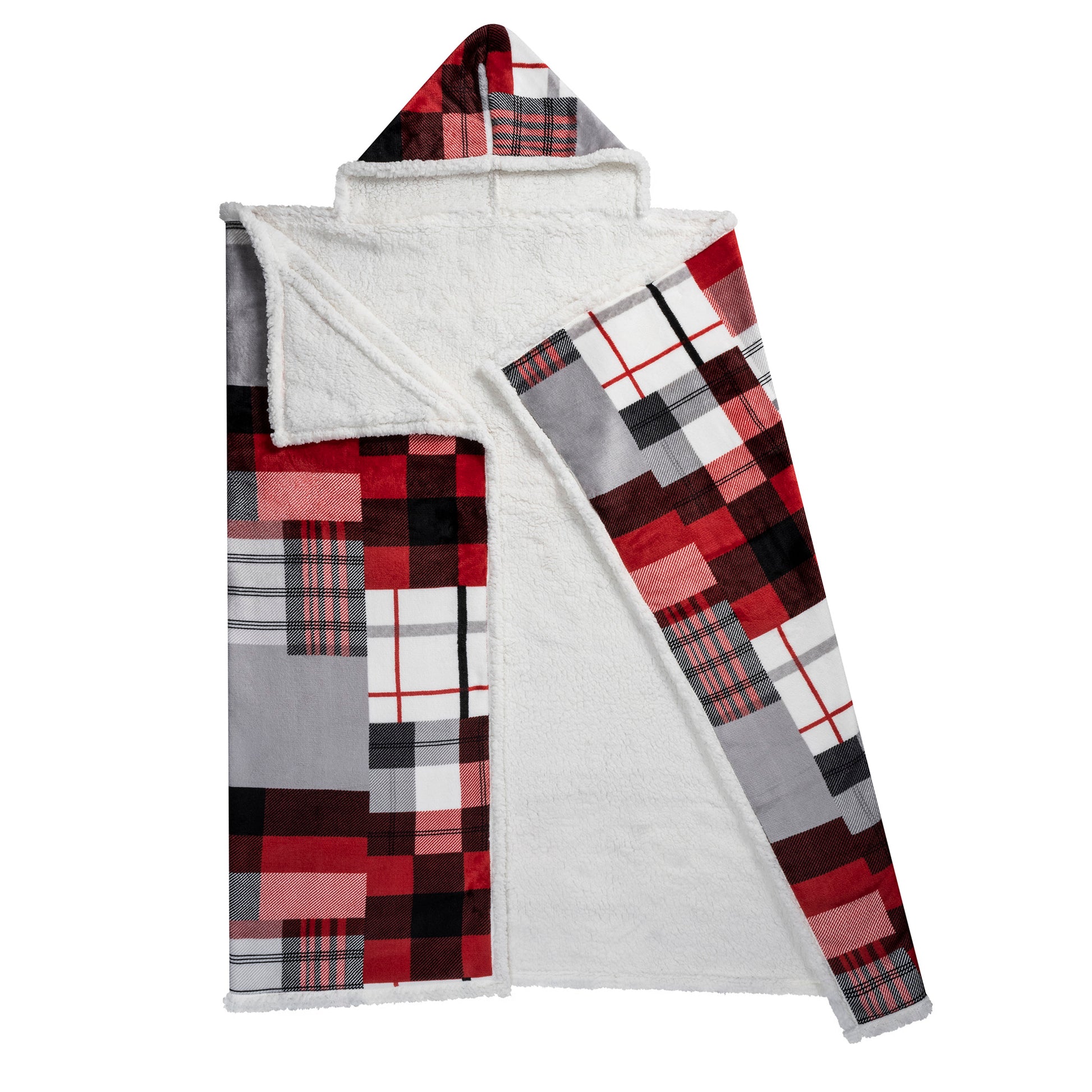 Wearable Blanket Hoodie | Red Patchwork Plaid Flannel w/ Sherpa Lining 48x65 | Farmhouse Cozy Gift