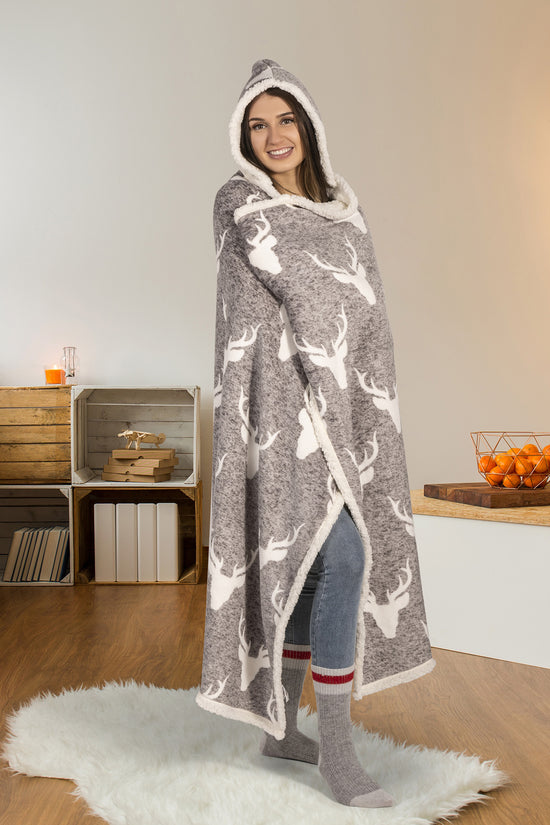 Wearable Blanket Hoodie | Heathered Grey Stag Print Sherpa Throw 48x65 | Cozy Winter Lodge Gift