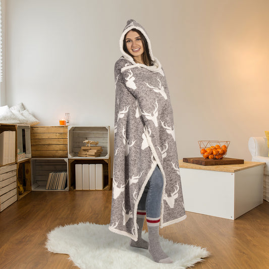 Wearable Blanket Hoodie | Heathered Grey Stag Print Sherpa Throw 48x65 | Cozy Winter Lodge Gift