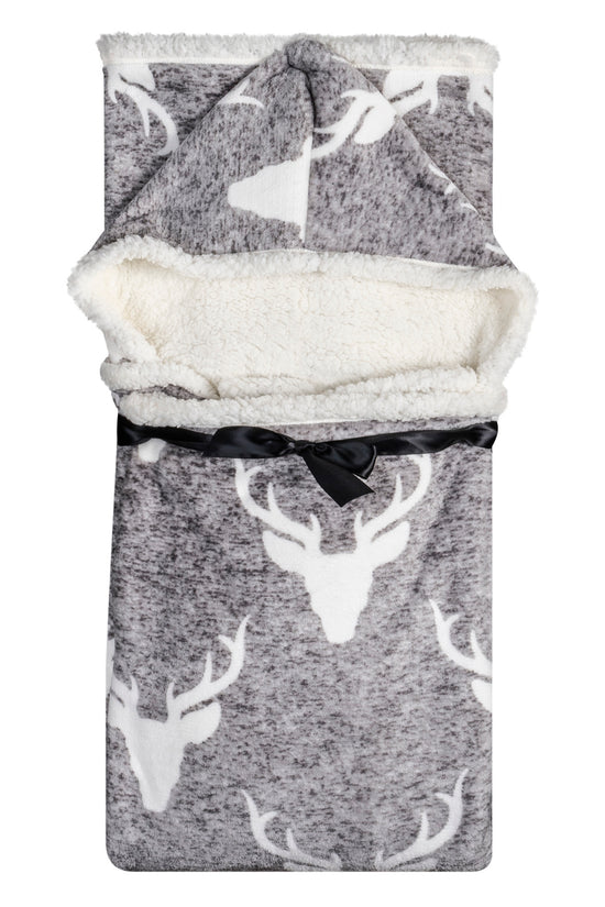 Wearable Blanket Hoodie | Heathered Grey Stag Print Sherpa Throw 48x65 | Cozy Winter Lodge Gift