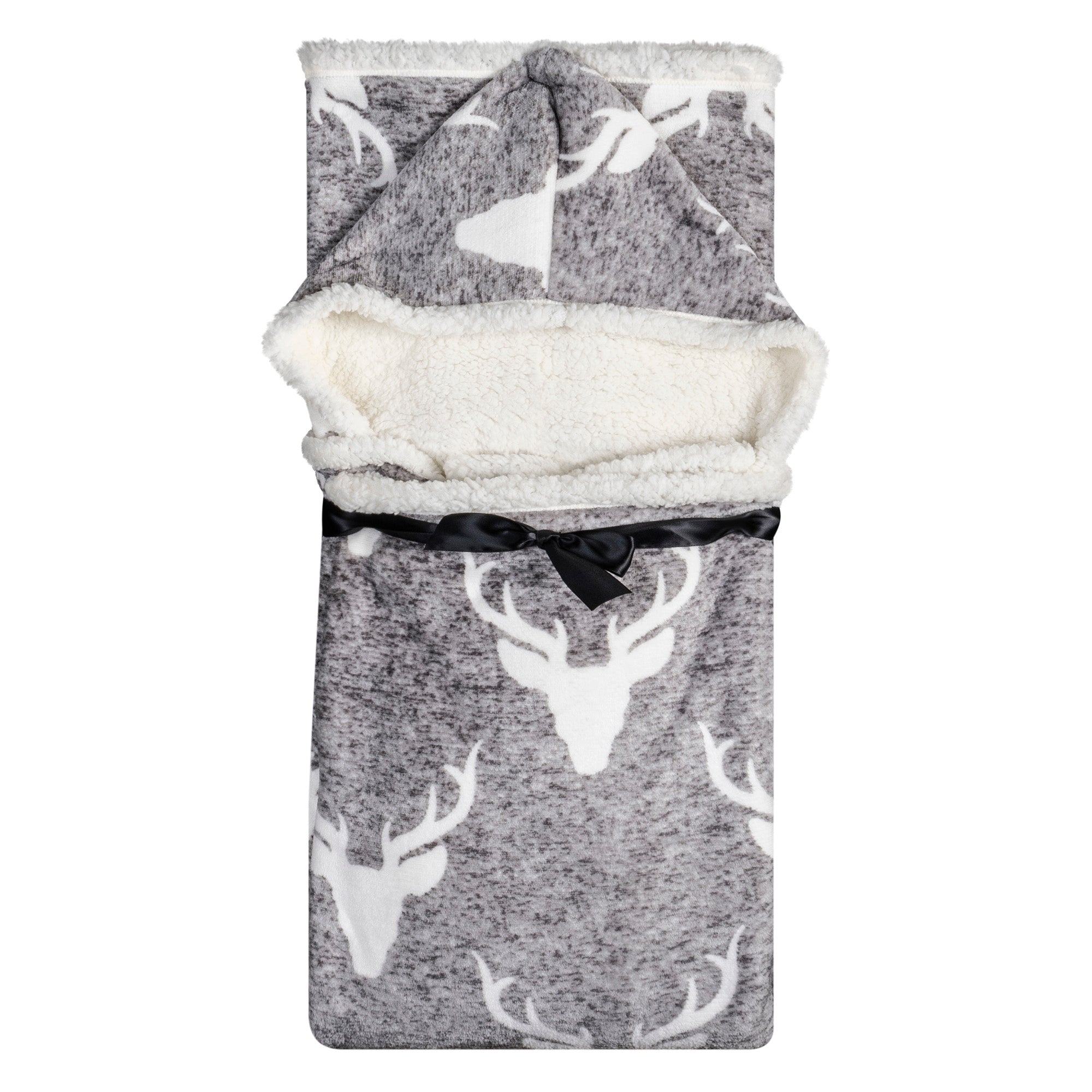 Wearable Blanket Hoodie | Heathered Grey Stag Print Sherpa Throw 48x65 | Cozy Winter Lodge Gift