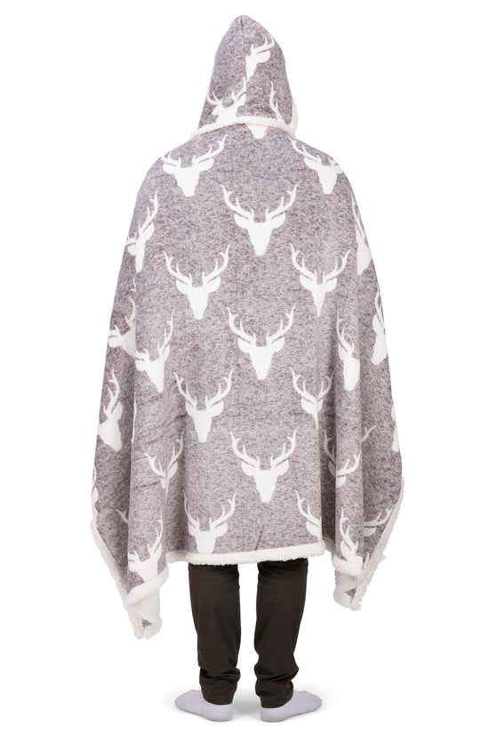 Wearable Blanket Hoodie | Heathered Grey Stag Print Sherpa Throw 48x65 | Cozy Winter Lodge Gift