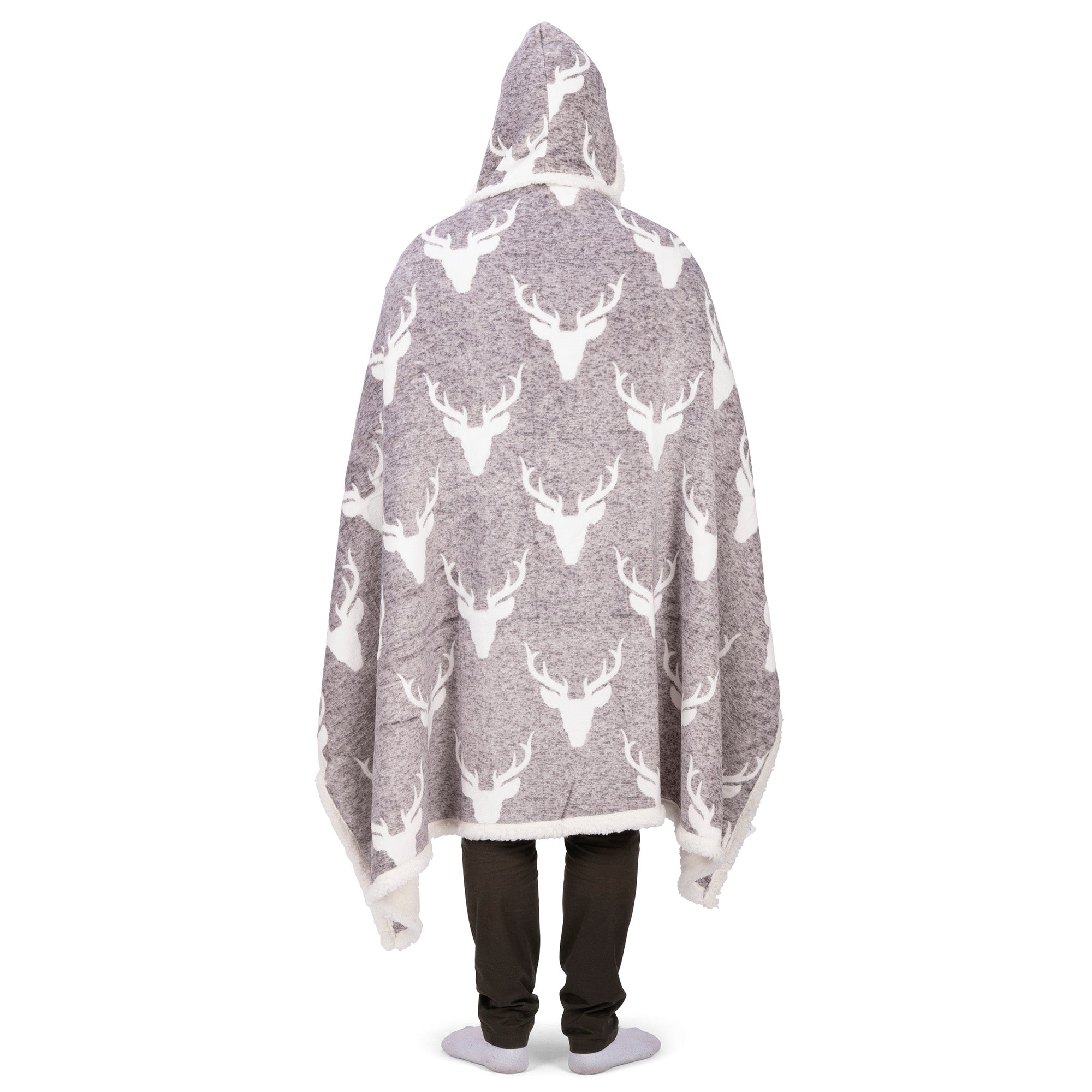Wearable Blanket Hoodie | Heathered Grey Stag Print Sherpa Throw 48x65 | Cozy Winter Lodge Gift