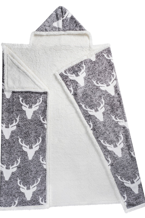 Wearable Blanket Hoodie | Heathered Grey Stag Print Sherpa Throw 48x65 | Cozy Winter Lodge Gift