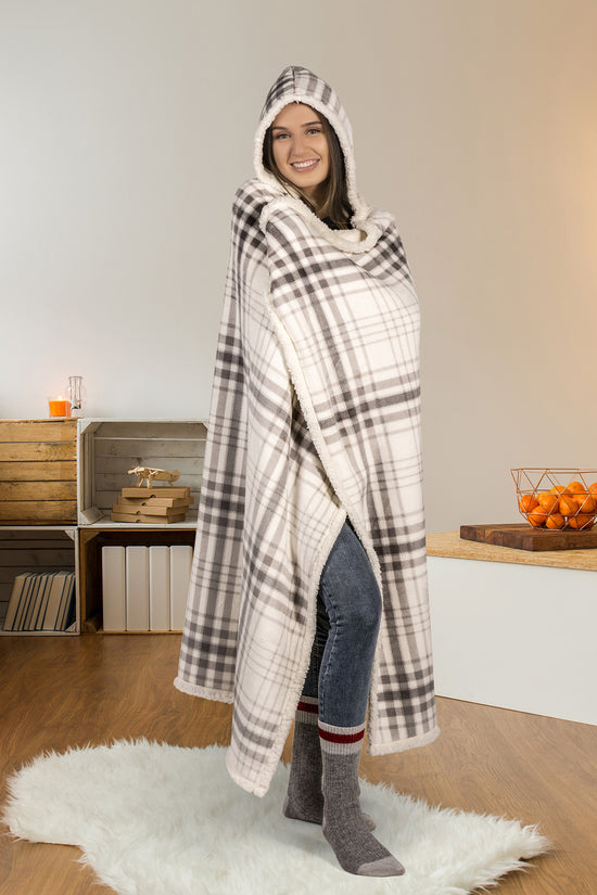 Wearable Blanket Hoodie | Grey Plaid Flannel w/ Sherpa Lining 48x65 | Cozy Chic Winter Throw