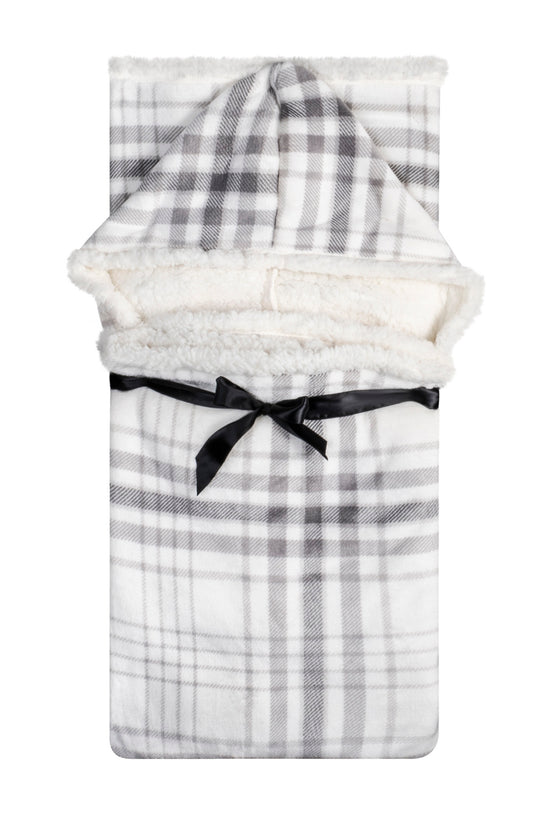 Wearable Blanket Hoodie | Grey Plaid Flannel w/ Sherpa Lining 48x65 | Cozy Chic Winter Throw