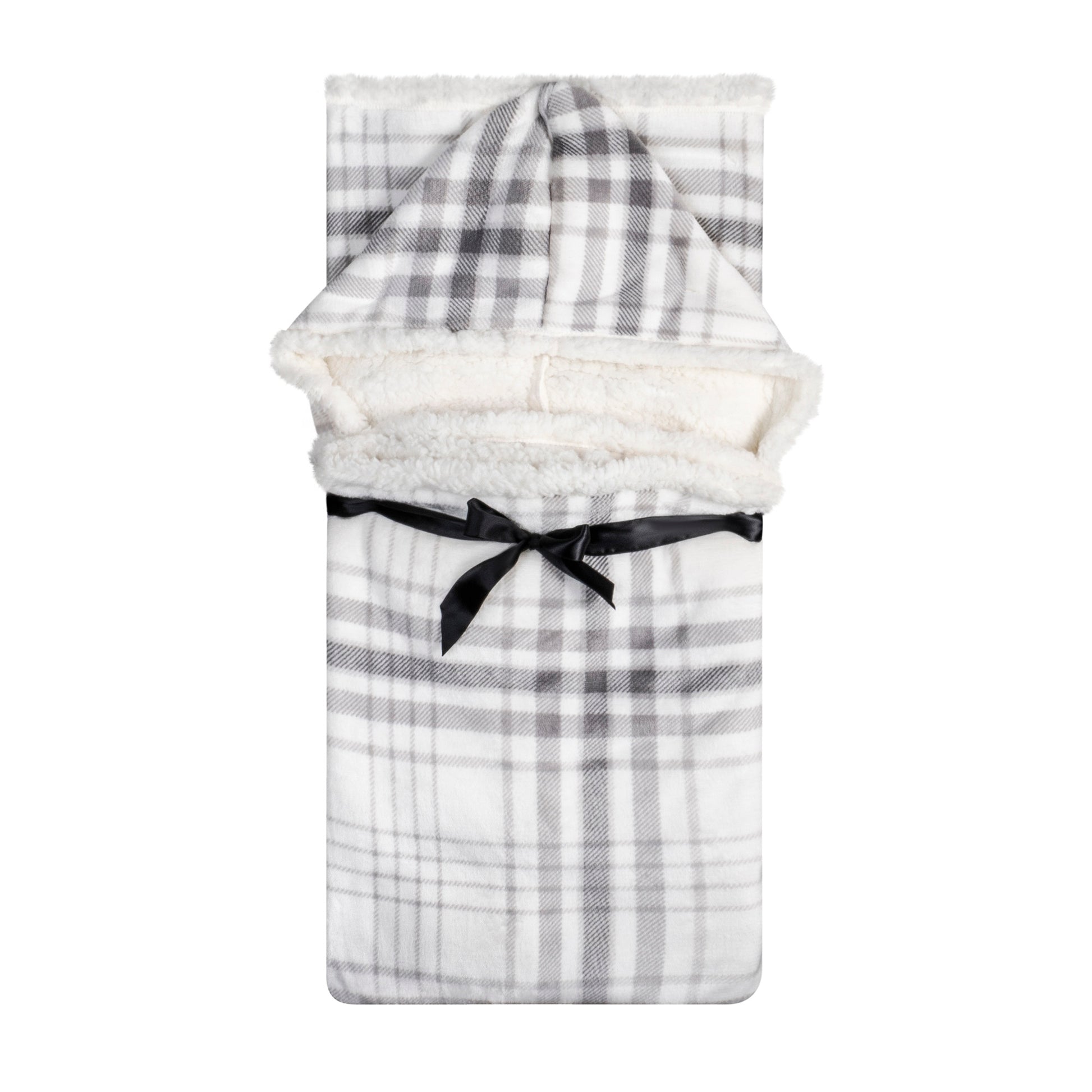 Wearable Blanket Hoodie | Grey Plaid Flannel w/ Sherpa Lining 48x65 | Cozy Chic Winter Throw