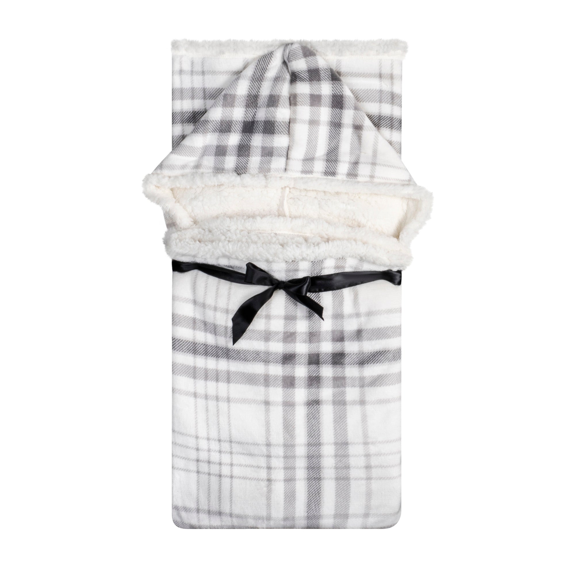 Wearable Blanket Hoodie | Grey Plaid Flannel w/ Sherpa Lining 48x65 | Cozy Chic Winter Throw